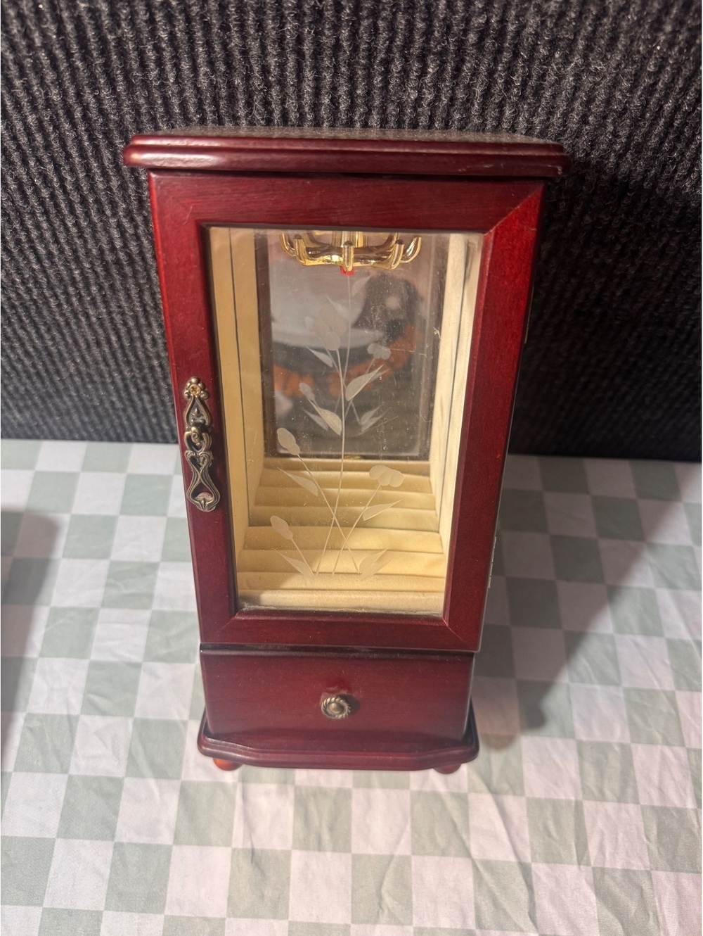 Vintage Wooden Jewelry Box with Engraved Glass Door and Storage Drawer